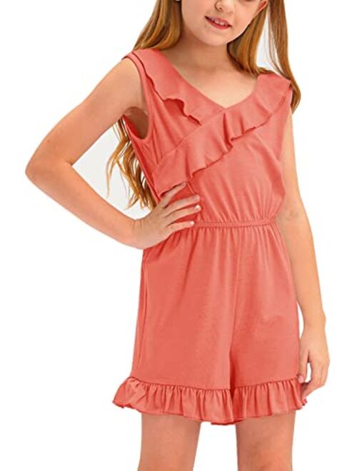 BesserBay Big Girls Summer Sleeveless Romper Ruffle Trim Casual Jumpsuit 4-14 Years