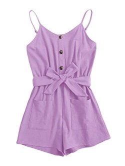 GAMISOTE Girls Romper Strappy Sleeveless Button Tie Front Jumpsuit With Pockets