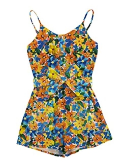 GAMISOTE Girls Romper Strappy Sleeveless Button Tie Front Jumpsuit With Pockets