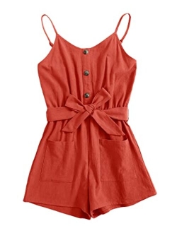 GAMISOTE Girls Romper Strappy Sleeveless Button Tie Front Jumpsuit With Pockets