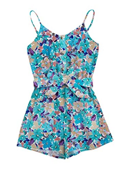 GAMISOTE Girls Romper Strappy Sleeveless Button Tie Front Jumpsuit With Pockets