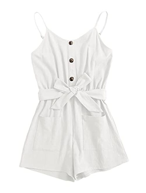 GAMISOTE Girls Romper Strappy Sleeveless Button Tie Front Jumpsuit With Pockets