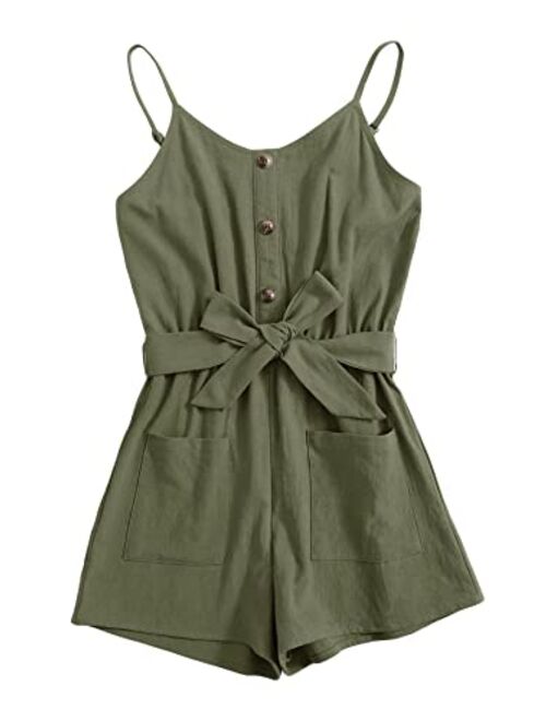 GAMISOTE Girls Romper Strappy Sleeveless Button Tie Front Jumpsuit With Pockets