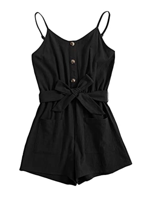 GAMISOTE Girls Romper Strappy Sleeveless Button Tie Front Jumpsuit With Pockets