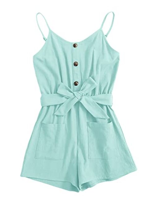 GAMISOTE Girls Romper Strappy Sleeveless Button Tie Front Jumpsuit With Pockets