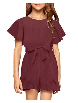 Looks Cute Girls Crew Neck Trim Short Sleeve High Waist Ruffle Jumpsuits With Belt