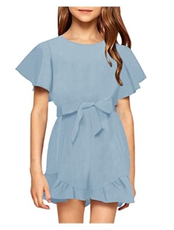 Looks Cute Girls Crew Neck Trim Short Sleeve High Waist Ruffle Jumpsuits With Belt