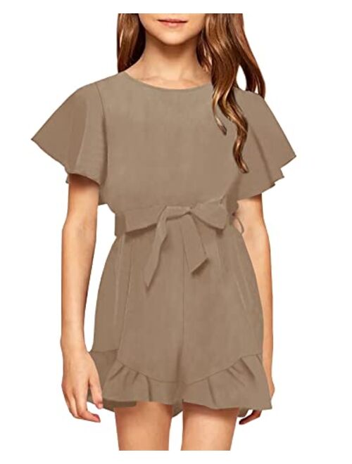 Looks Cute Girls Crew Neck Trim Short Sleeve High Waist Ruffle Jumpsuits With Belt