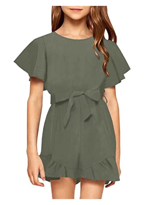 Looks Cute Girls Crew Neck Trim Short Sleeve High Waist Ruffle Jumpsuits With Belt