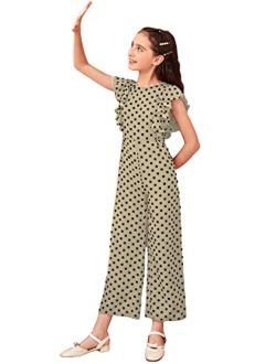 Girl's Polka Dots Ruffle Trim Cap Sleeve Round Neck Wide Leg Jumpsuit