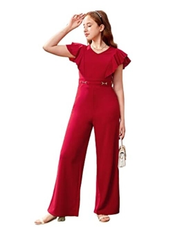 Girl's Polka Dots Ruffle Trim Cap Sleeve Round Neck Wide Leg Jumpsuit