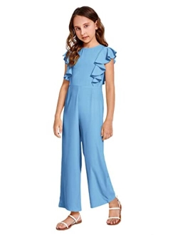 Girl's Polka Dots Ruffle Trim Cap Sleeve Round Neck Wide Leg Jumpsuit