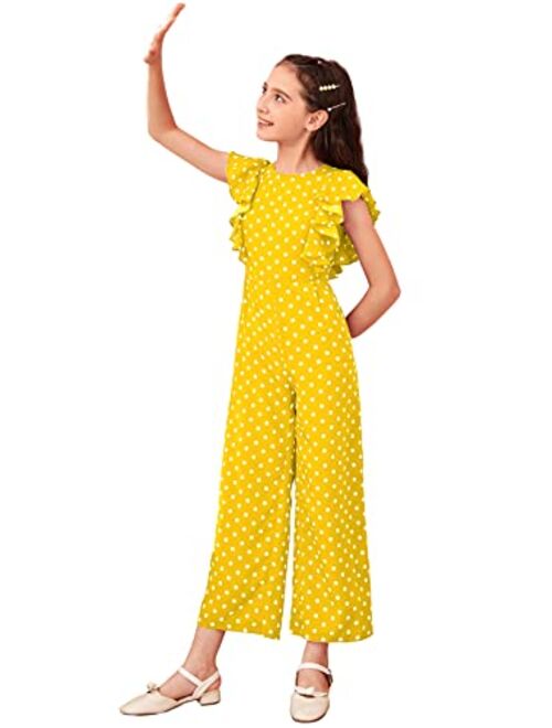 WDIRARA Girl's Polka Dots Ruffle Trim Cap Sleeve Round Neck Wide Leg Jumpsuit