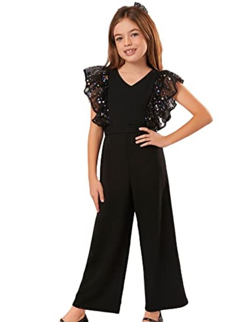 WDIRARA Girl's Polka Dots Ruffle Trim Cap Sleeve Round Neck Wide Leg Jumpsuit