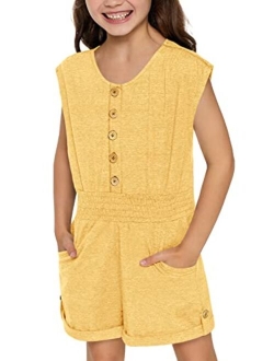 Leyay Girl's Summer Short Sleeve Romper Button up Jumpsuit Shorts With Side Pocket