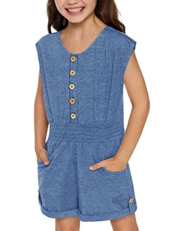 Leyay Girl's Summer Short Sleeve Romper Button up Jumpsuit Shorts With Side Pocket