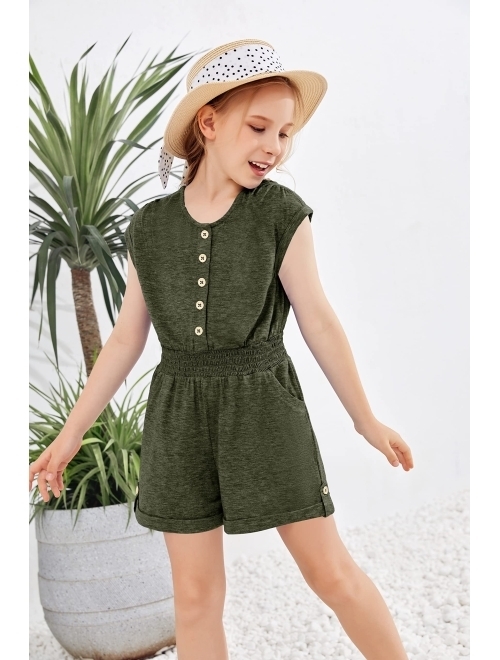 Leyay Girl's Summer Short Sleeve Romper Button up Jumpsuit Shorts With Side Pocket