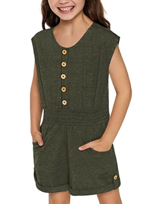 Leyay Girl's Summer Short Sleeve Romper Button up Jumpsuit Shorts With Side Pocket