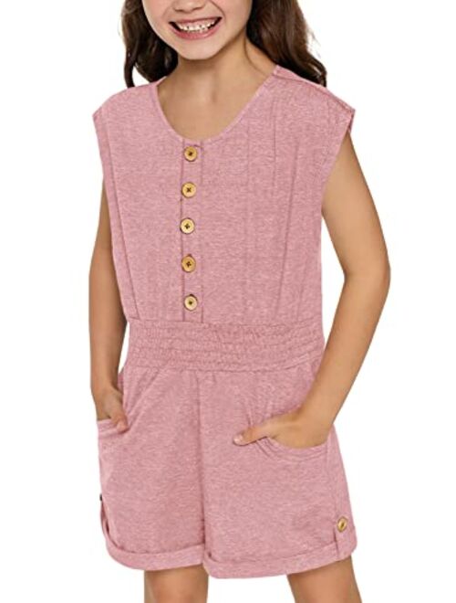 Leyay Girl's Summer Short Sleeve Romper Button up Jumpsuit Shorts With Side Pocket