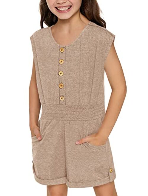 Leyay Girl's Summer Short Sleeve Romper Button up Jumpsuit Shorts With Side Pocket