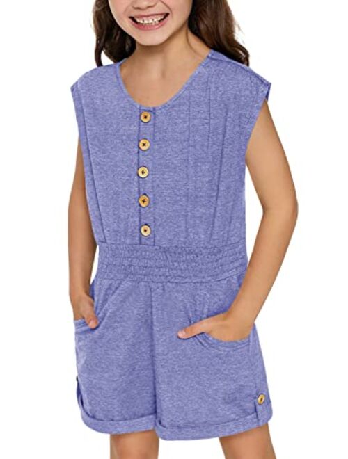 Leyay Girl's Summer Short Sleeve Romper Button up Jumpsuit Shorts With Side Pocket