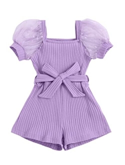 Girl's Puff Sleeve Ribbed Knit Tie Front Belted Short Romper Jumpsuit