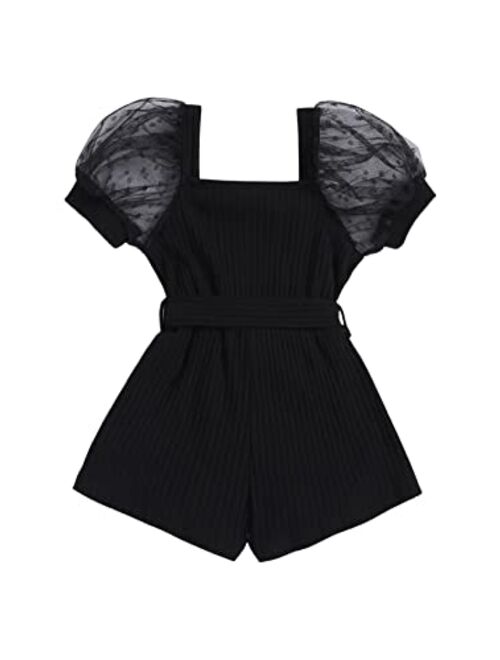 SweatyRocks Girl's Puff Sleeve Ribbed Knit Tie Front Belted Short Romper Jumpsuit