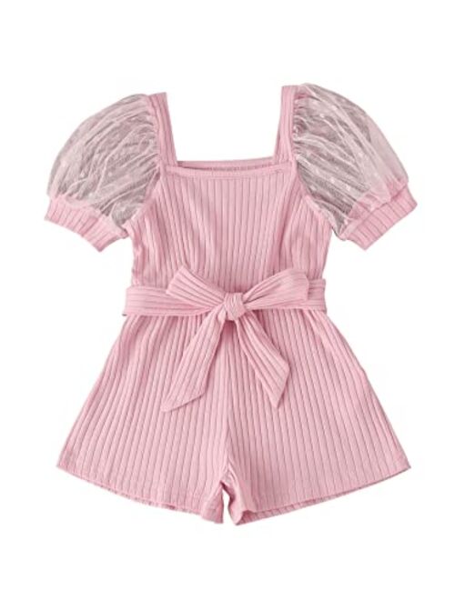 SweatyRocks Girl's Puff Sleeve Ribbed Knit Tie Front Belted Short Romper Jumpsuit