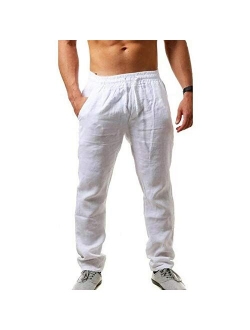 MorwenVeo Men's Linen Pants Casual Long Pants - Loose Lightweight Drawstring Yoga Beach Trousers Casual Trousers - 6 Colors