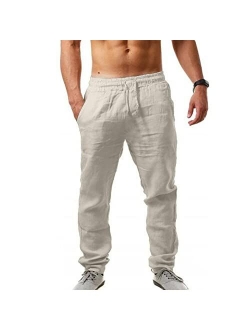 MorwenVeo Men's Linen Pants Casual Long Pants - Loose Lightweight Drawstring Yoga Beach Trousers Casual Trousers - 6 Colors