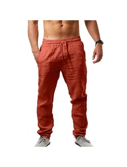 MorwenVeo Men's Linen Pants Casual Long Pants - Loose Lightweight Drawstring Yoga Beach Trousers Casual Trousers - 6 Colors