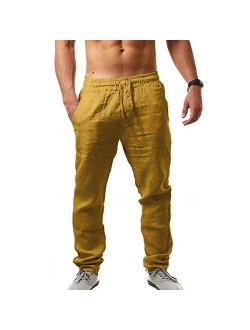 MorwenVeo Men's Linen Pants Casual Long Pants - Loose Lightweight Drawstring Yoga Beach Trousers Casual Trousers - 6 Colors