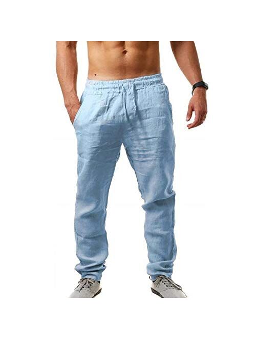 MorwenVeo Men's Linen Pants Casual Long Pants - Loose Lightweight Drawstring Yoga Beach Trousers Casual Trousers - 6 Colors