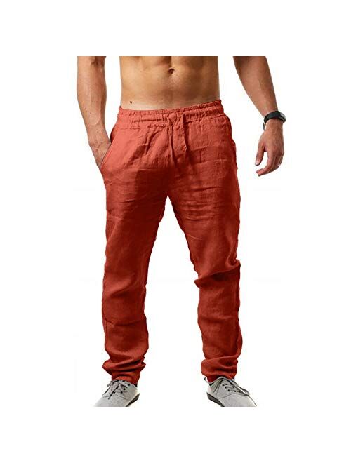 MorwenVeo Men's Linen Pants Casual Long Pants - Loose Lightweight Drawstring Yoga Beach Trousers Casual Trousers - 6 Colors