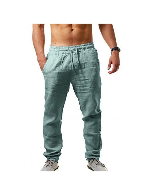 MorwenVeo Men's Linen Pants Casual Long Pants - Loose Lightweight Drawstring Yoga Beach Trousers Casual Trousers - 6 Colors