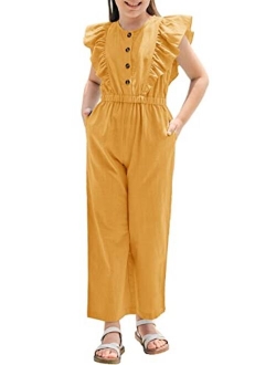 GAMISOTE Girls Wide Leg Jumpsuit Cotton Sleeveless Button Up Ruffle One Piece Rompers