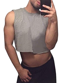 Runcati Mens Workout Cropped Tank Top Plain Vest Lightweight Basic Sleeveless Crop Tops Hot Shirts