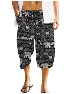 Mens Baggy Harem Pants Drawstring Cotton Linen Wide Leg Capri Yoga Beach Pants