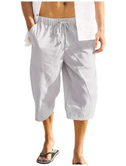 Mens Baggy Harem Pants Drawstring Cotton Linen Wide Leg Capri Yoga Beach Pants