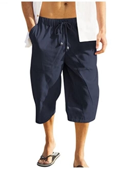 Mens Baggy Harem Pants Drawstring Cotton Linen Wide Leg Capri Yoga Beach Pants