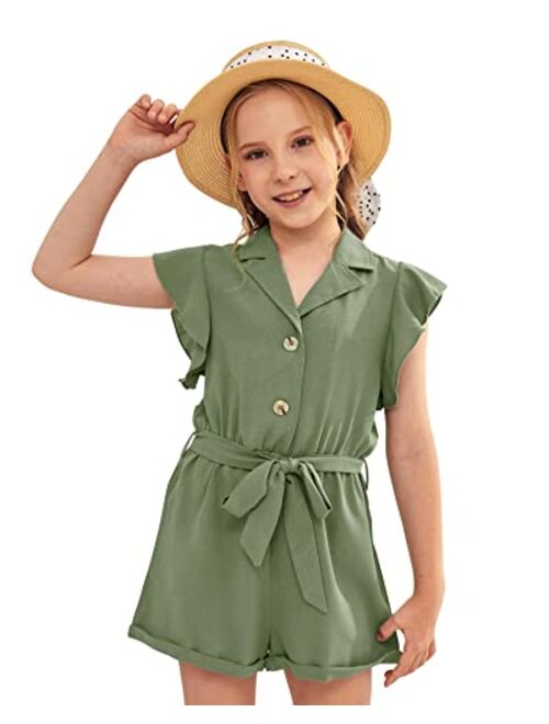 Ermonn Girls Romper Strappy Ruffle Sleeveless Button Tie Front Jumpsuit Cute Shorts Overall With Belt For 5-14 Years