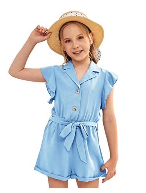 Ermonn Girls Romper Strappy Ruffle Sleeveless Button Tie Front Jumpsuit Cute Shorts Overall With Belt For 5-14 Years