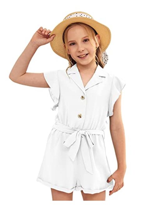 Ermonn Girls Romper Strappy Ruffle Sleeveless Button Tie Front Jumpsuit Cute Shorts Overall With Belt For 5-14 Years