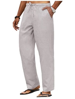 Men's Casual Linen Pants Elastic Waist Drawstring Beach Yoga Trousers Lightweight Straight Leg Pants with Pockets