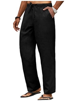 Men's Casual Linen Pants Elastic Waist Drawstring Beach Yoga Trousers Lightweight Straight Leg Pants with Pockets