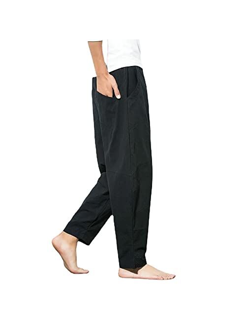 WZIKAI Mens Cotton Linen Pants,Elastic Waist Loose Fit Drawstring Summer Beach Pants for Men Jogger Yoga Trousers