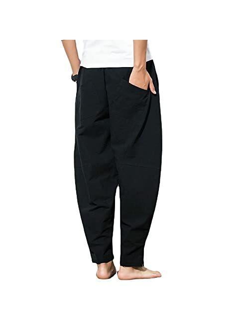 WZIKAI Mens Cotton Linen Pants,Elastic Waist Loose Fit Drawstring Summer Beach Pants for Men Jogger Yoga Trousers