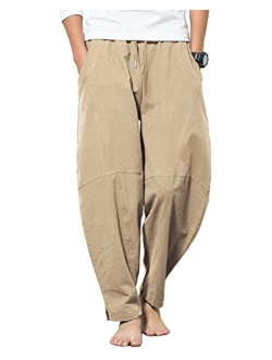 AUDATE Men's Cotton Linen Pants Summer Beach Pant Casual Solid Drawstring Yoga Pants Trousers