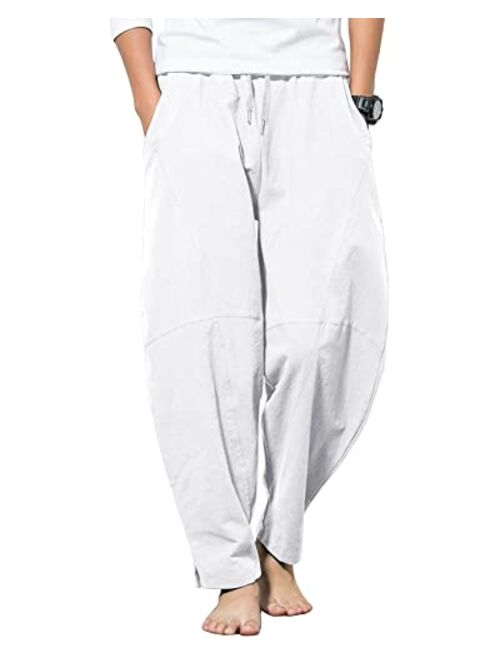 AUDATE Men's Cotton Linen Pants Summer Beach Pant Casual Solid Drawstring Yoga Pants Trousers