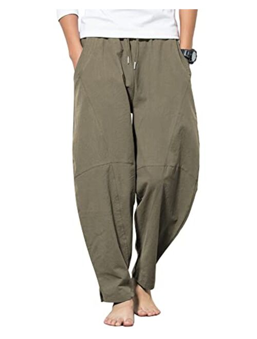 AUDATE Men's Cotton Linen Pants Summer Beach Pant Casual Solid Drawstring Yoga Pants Trousers